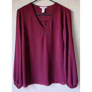 White House Black Market Long Sleeve Semi-Sheer Burgundy Blouse V-Neck Size 12